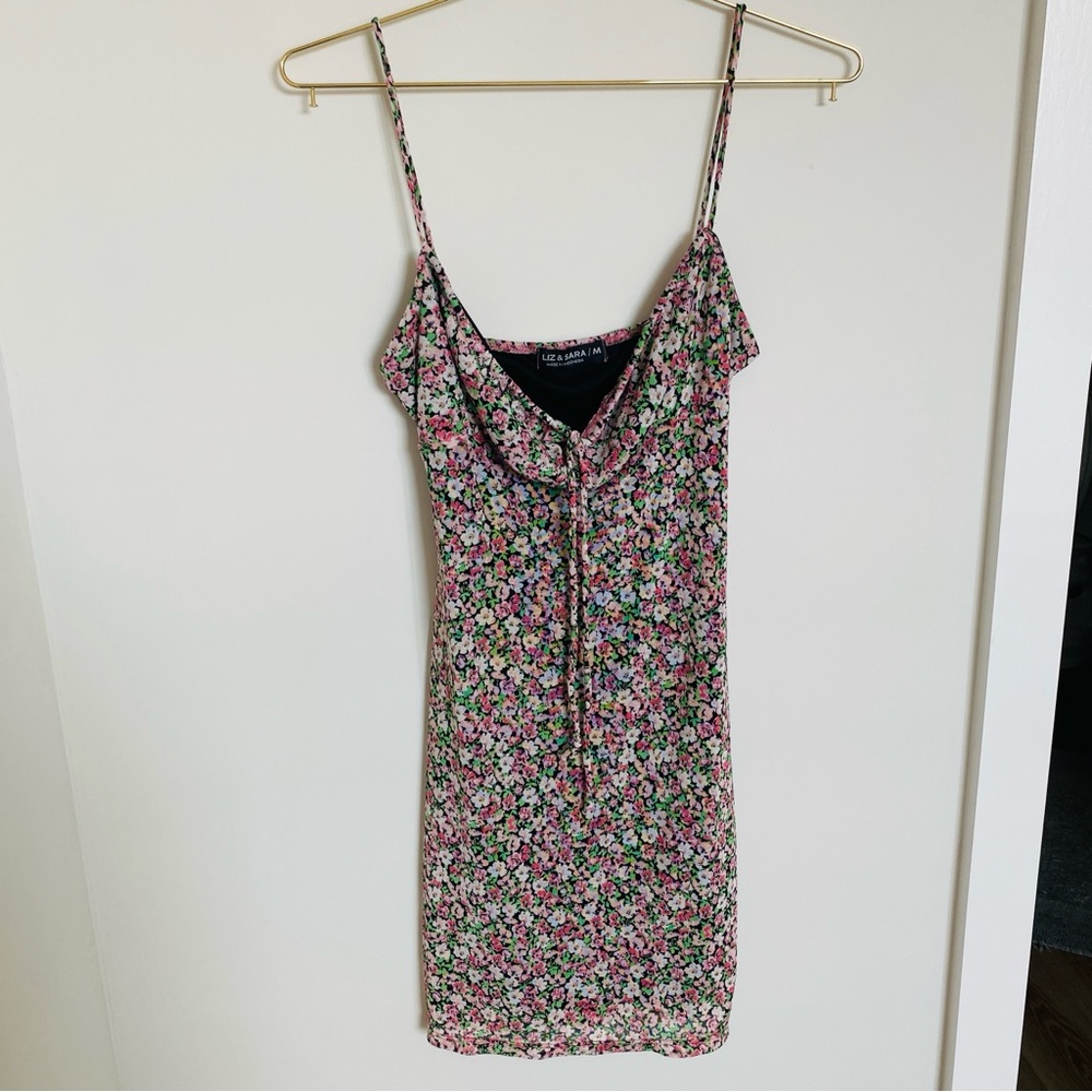 Liz & Sara Pink & Green Flower Mini Dress Spaghetti Strap Medium